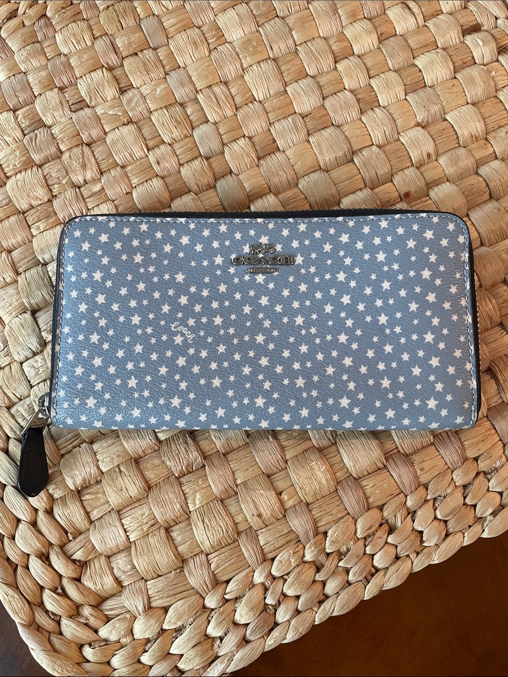 Coach Light Blue Star Print Zip Wallet Stars Continental Zip Around Leather